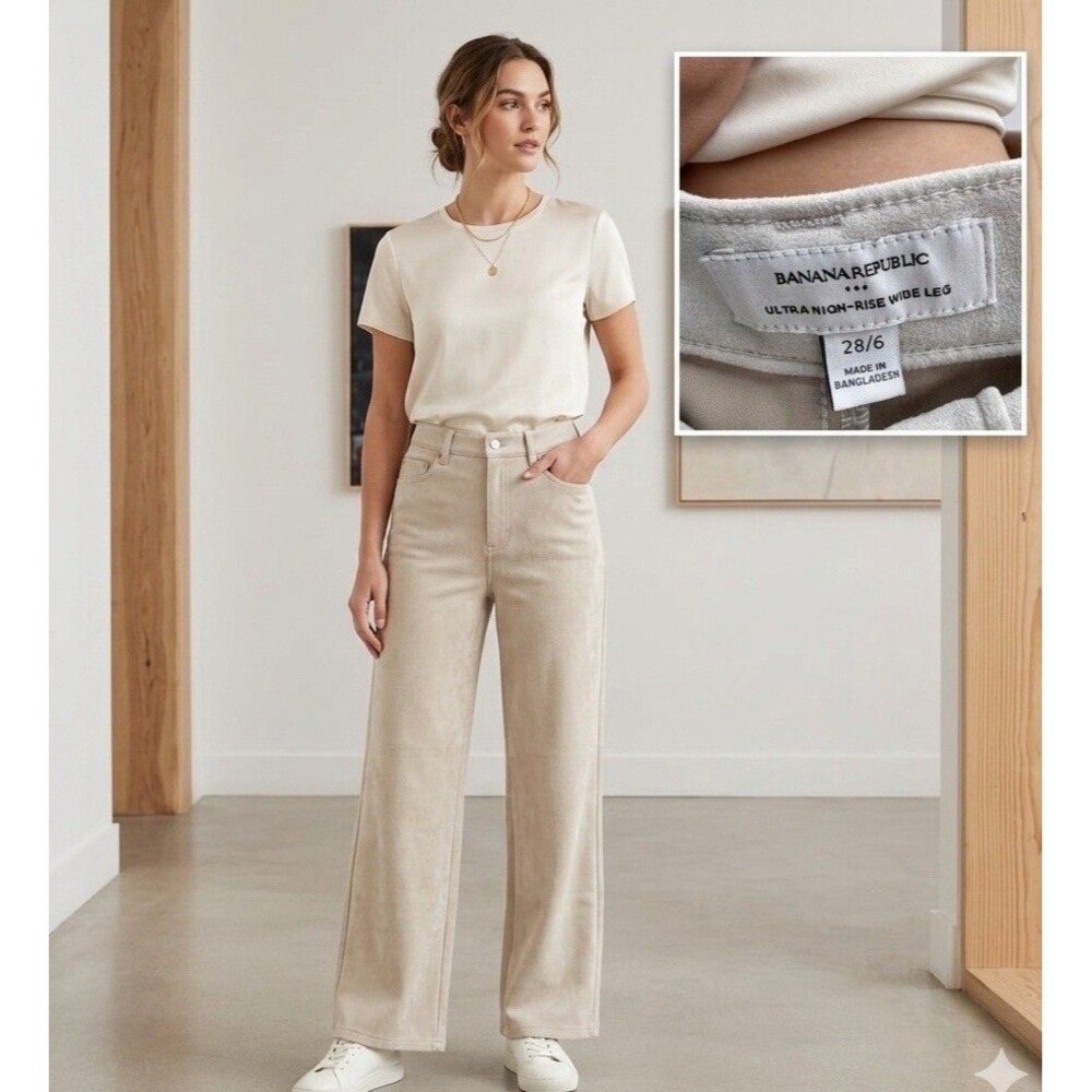 Banana Republic Women’s 28/6 Ultra High-Rise Wide Leg Suede Pants Cream Soft